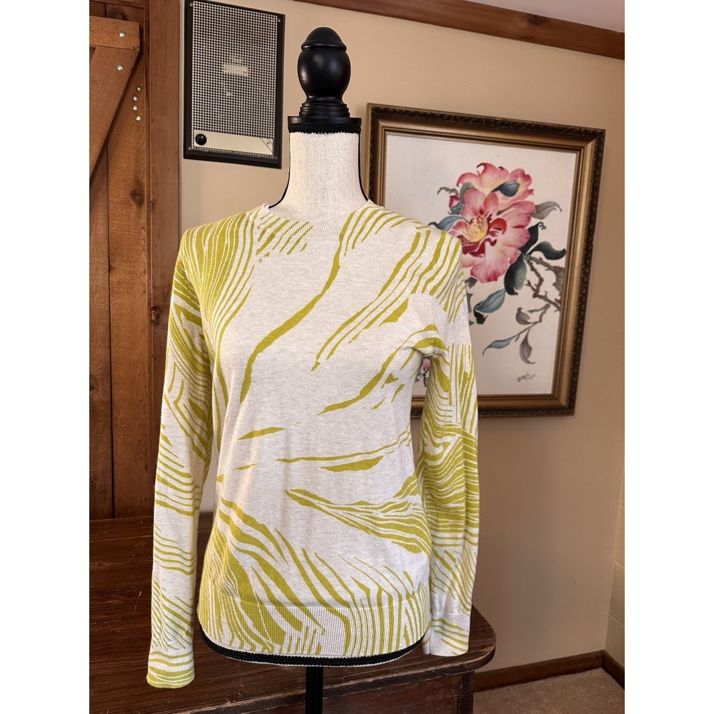 Banana Republic Abstract Leaf Knit Sweater Citron & Cream Size S 100% Cotton